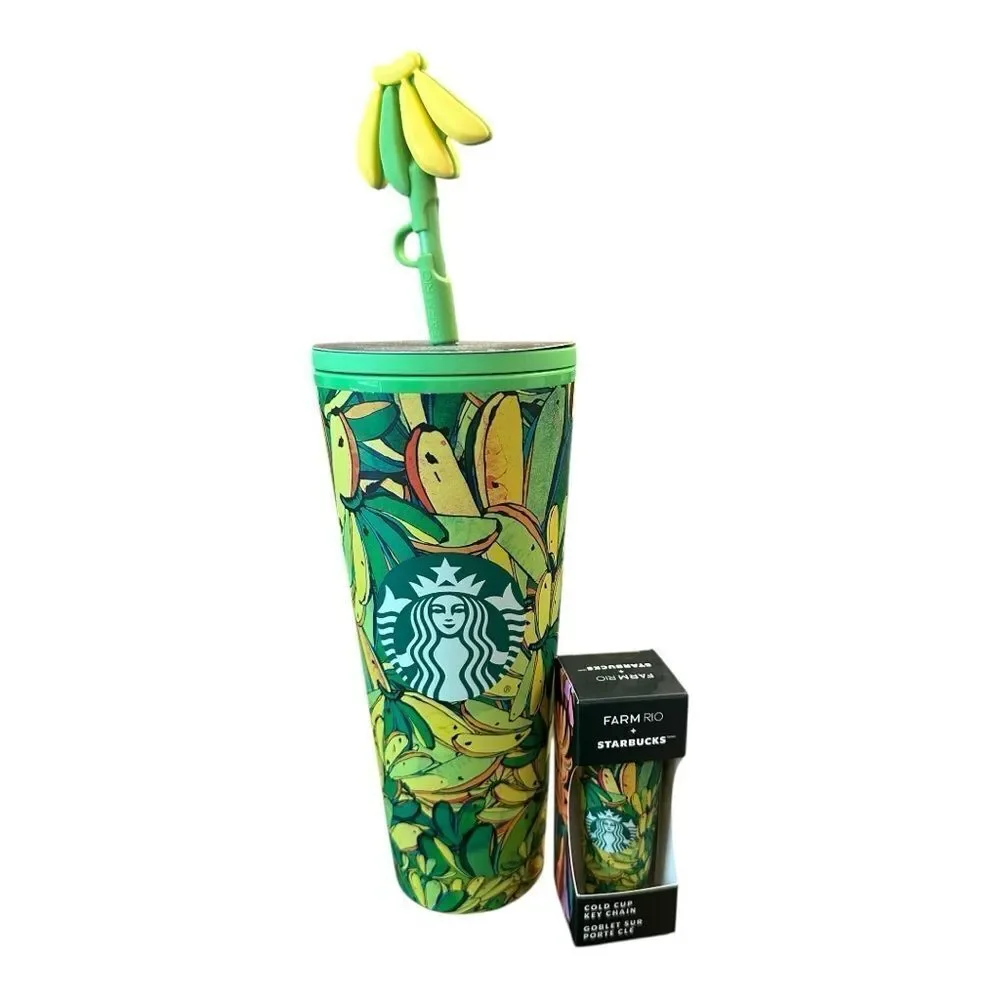 Starbucks Farm Rio Banana Leaf Tumbler and matching cold cup keychain